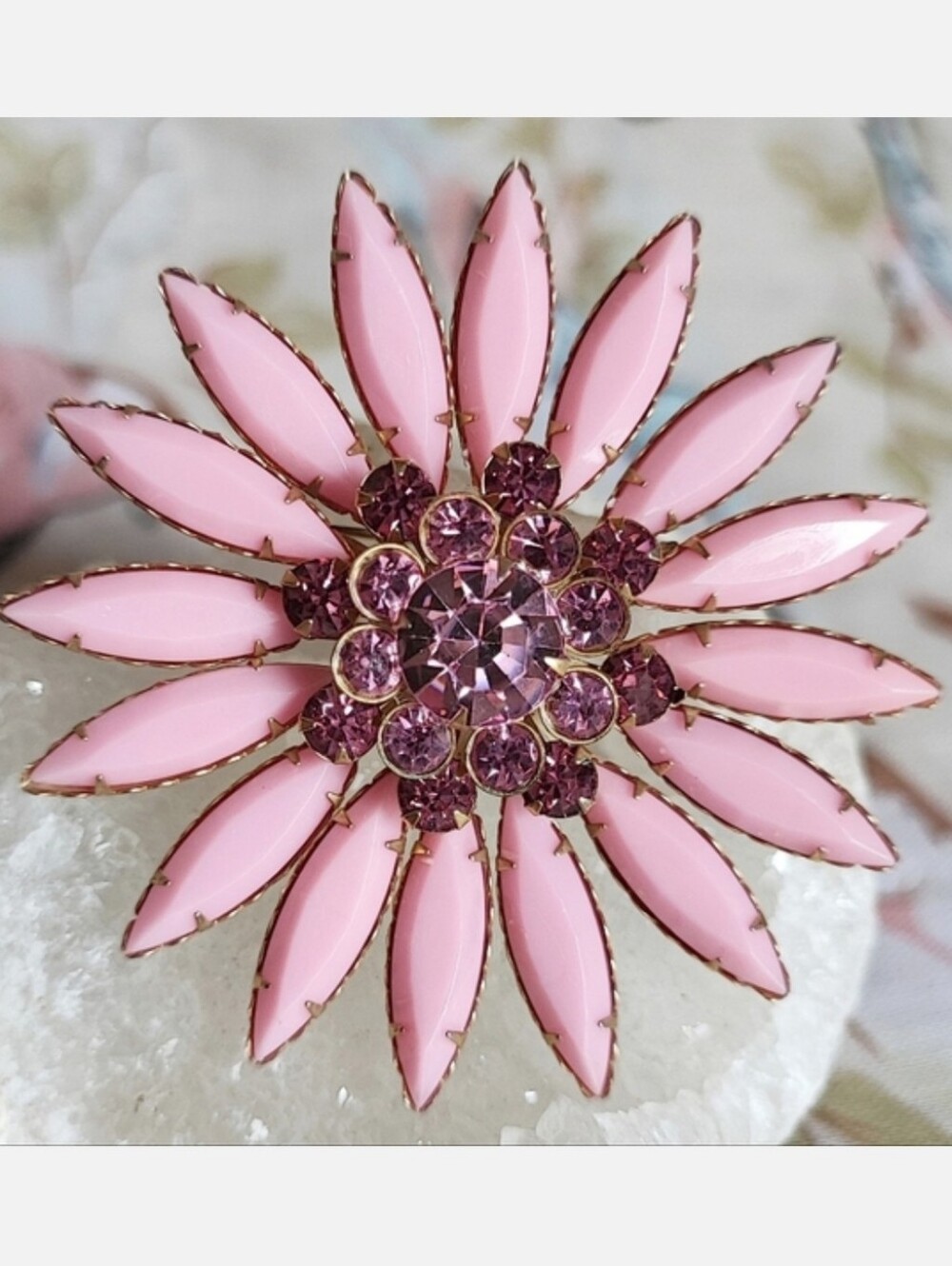 Large PINK Vintage Plastic RIVETED Rose Rhinestone Gold Tone Prong Set Brooch